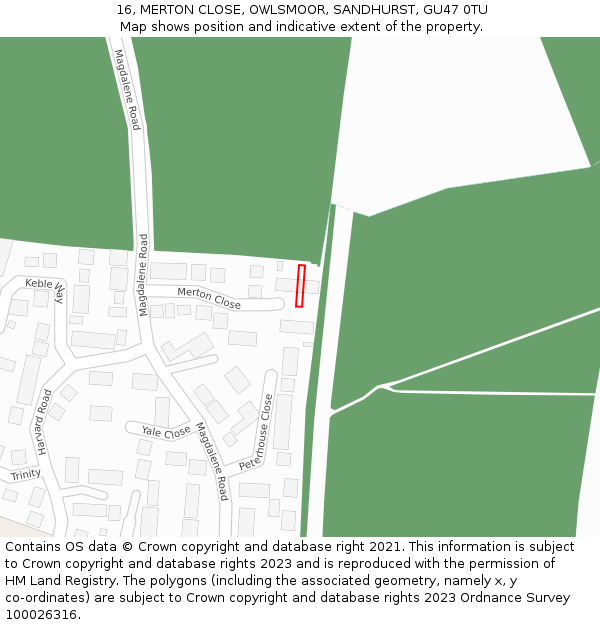 16, MERTON CLOSE, OWLSMOOR, SANDHURST, GU47 0TU: Location map and indicative extent of plot