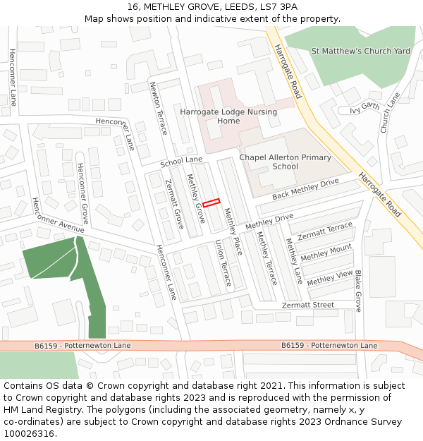 16, METHLEY GROVE, LEEDS, LS7 3PA: Location map and indicative extent of plot