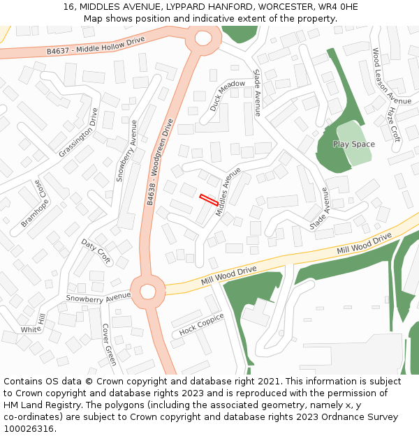 16, MIDDLES AVENUE, LYPPARD HANFORD, WORCESTER, WR4 0HE: Location map and indicative extent of plot