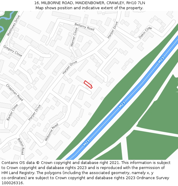 16, MILBORNE ROAD, MAIDENBOWER, CRAWLEY, RH10 7LN: Location map and indicative extent of plot