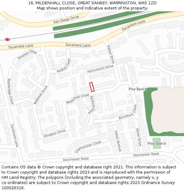 16, MILDENHALL CLOSE, GREAT SANKEY, WARRINGTON, WA5 1ZD: Location map and indicative extent of plot