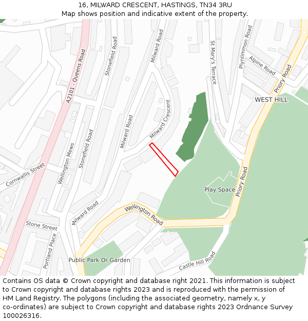 16, MILWARD CRESCENT, HASTINGS, TN34 3RU: Location map and indicative extent of plot