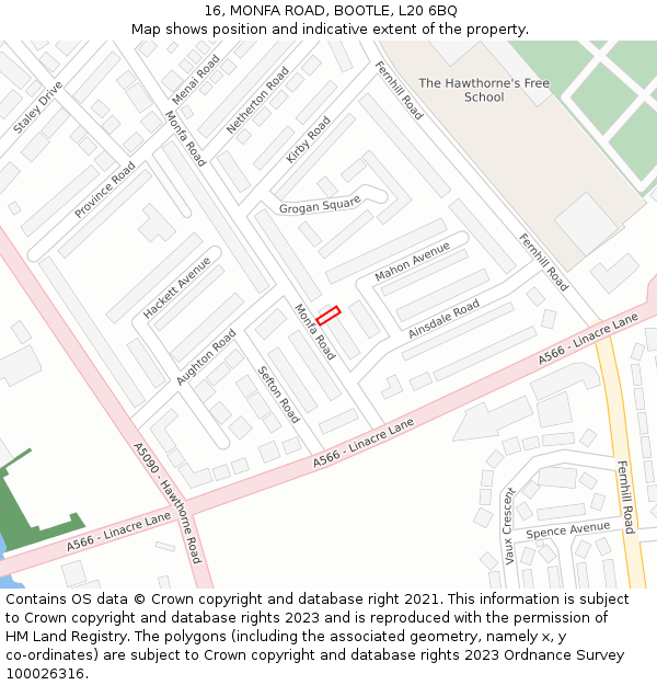 16, MONFA ROAD, BOOTLE, L20 6BQ: Location map and indicative extent of plot