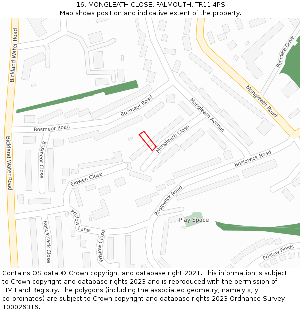 16, MONGLEATH CLOSE, FALMOUTH, TR11 4PS: Location map and indicative extent of plot