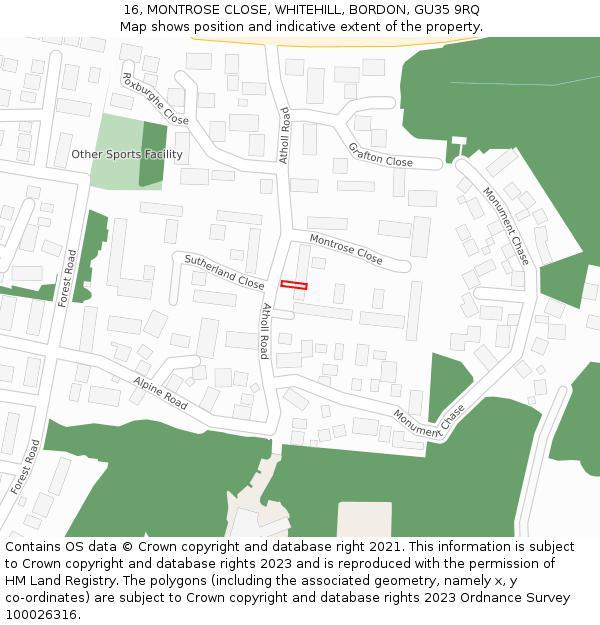 16, MONTROSE CLOSE, WHITEHILL, BORDON, GU35 9RQ: Location map and indicative extent of plot