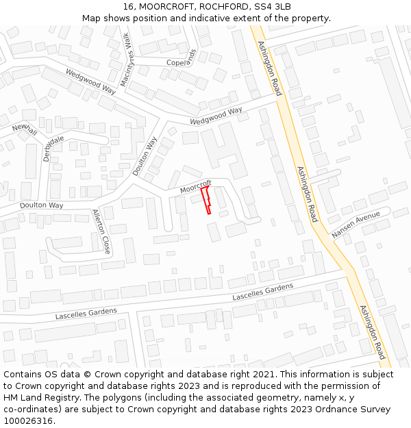 16, MOORCROFT, ROCHFORD, SS4 3LB: Location map and indicative extent of plot