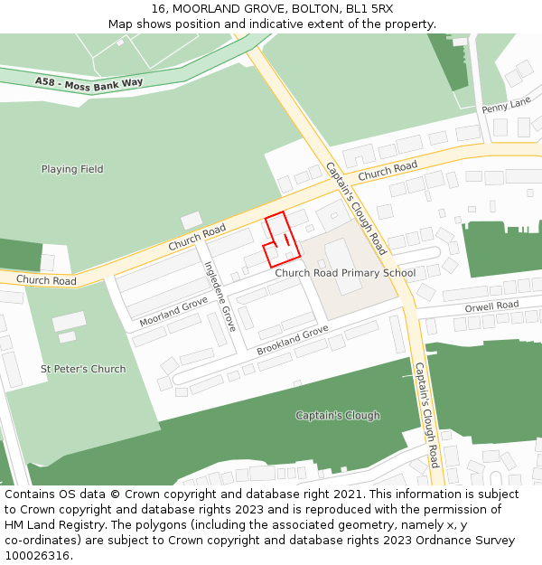 16, MOORLAND GROVE, BOLTON, BL1 5RX: Location map and indicative extent of plot