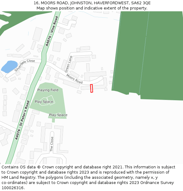 16, MOORS ROAD, JOHNSTON, HAVERFORDWEST, SA62 3QE: Location map and indicative extent of plot