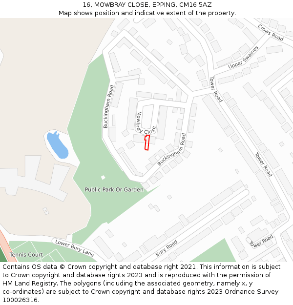 16, MOWBRAY CLOSE, EPPING, CM16 5AZ: Location map and indicative extent of plot