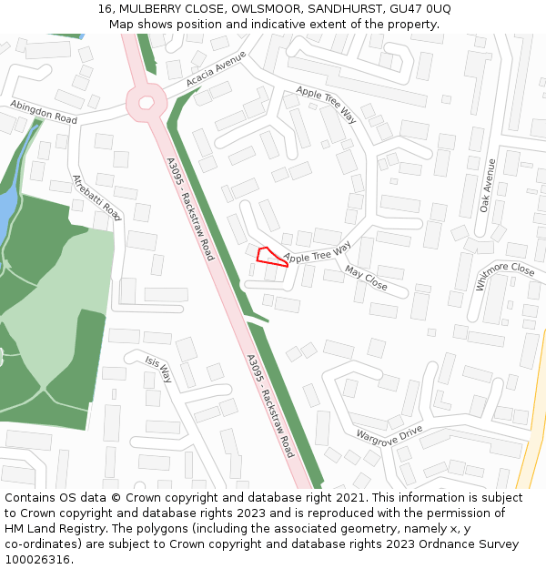16, MULBERRY CLOSE, OWLSMOOR, SANDHURST, GU47 0UQ: Location map and indicative extent of plot