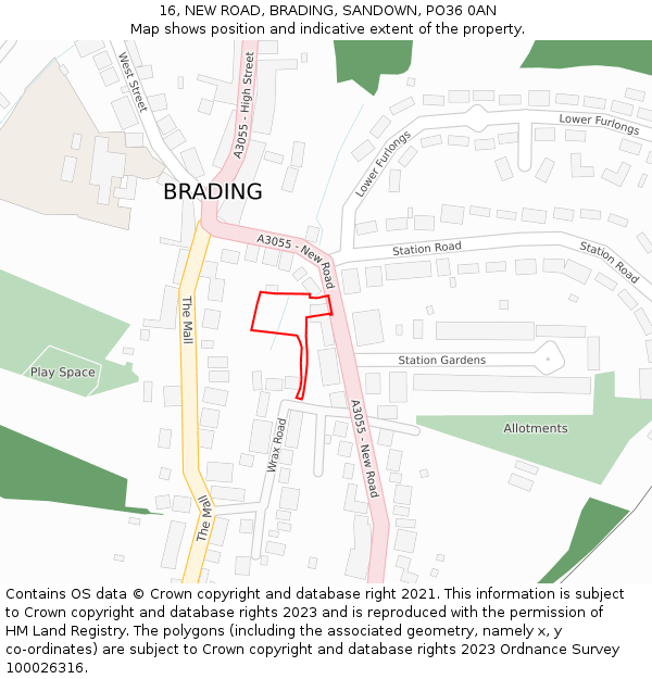 16, NEW ROAD, BRADING, SANDOWN, PO36 0AN: Location map and indicative extent of plot