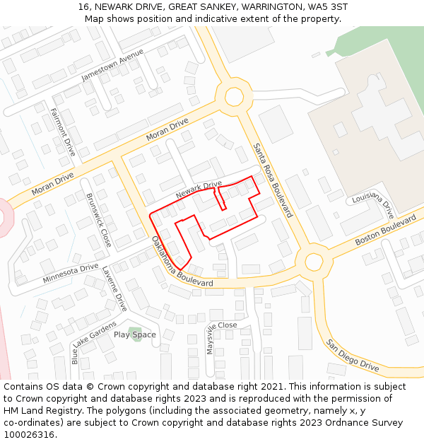 16, NEWARK DRIVE, GREAT SANKEY, WARRINGTON, WA5 3ST: Location map and indicative extent of plot