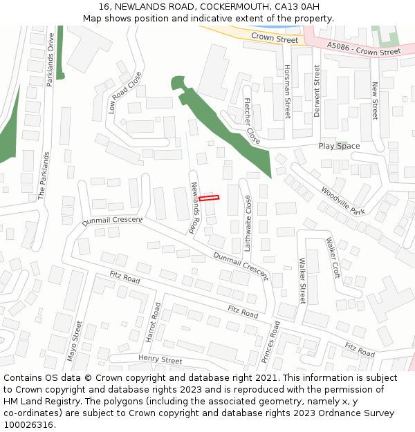 16, NEWLANDS ROAD, COCKERMOUTH, CA13 0AH: Location map and indicative extent of plot