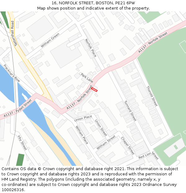 16, NORFOLK STREET, BOSTON, PE21 6PW: Location map and indicative extent of plot