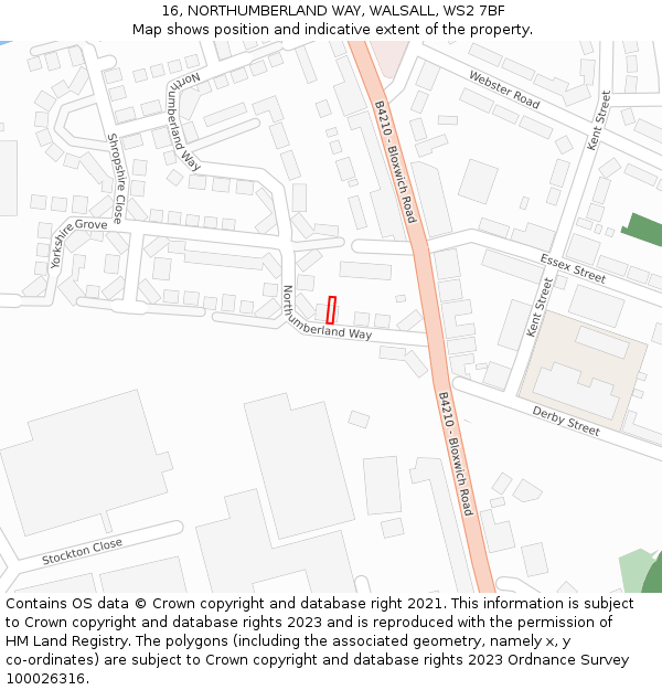16, NORTHUMBERLAND WAY, WALSALL, WS2 7BF: Location map and indicative extent of plot
