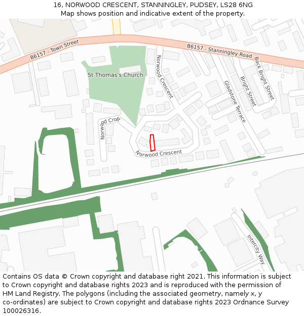 16, NORWOOD CRESCENT, STANNINGLEY, PUDSEY, LS28 6NG: Location map and indicative extent of plot