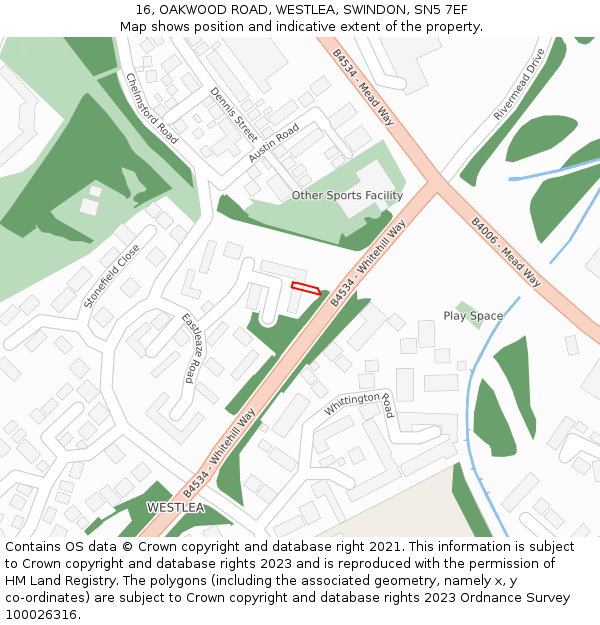 16, OAKWOOD ROAD, WESTLEA, SWINDON, SN5 7EF: Location map and indicative extent of plot