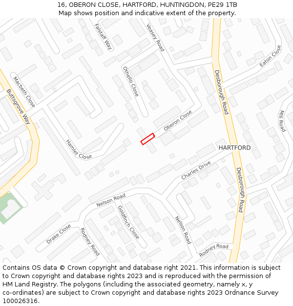 16, OBERON CLOSE, HARTFORD, HUNTINGDON, PE29 1TB: Location map and indicative extent of plot