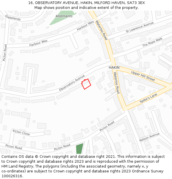 16, OBSERVATORY AVENUE, HAKIN, MILFORD HAVEN, SA73 3EX: Location map and indicative extent of plot