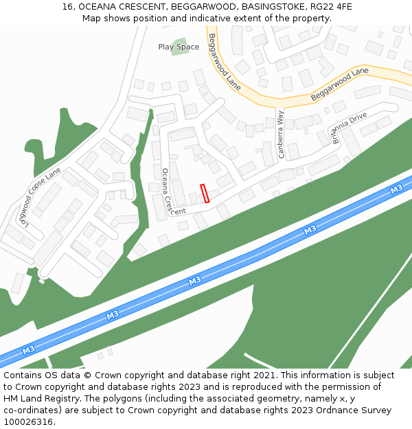 16, OCEANA CRESCENT, BEGGARWOOD, BASINGSTOKE, RG22 4FE: Location map and indicative extent of plot