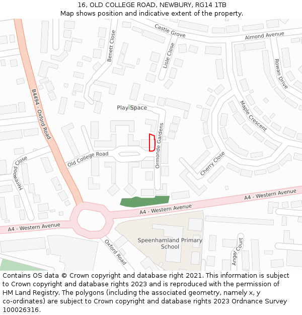16, OLD COLLEGE ROAD, NEWBURY, RG14 1TB: Location map and indicative extent of plot