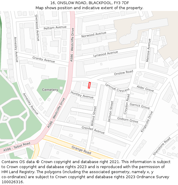 16, ONSLOW ROAD, BLACKPOOL, FY3 7DF: Location map and indicative extent of plot
