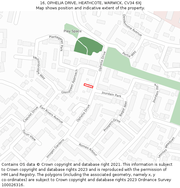 16, OPHELIA DRIVE, HEATHCOTE, WARWICK, CV34 6XJ: Location map and indicative extent of plot