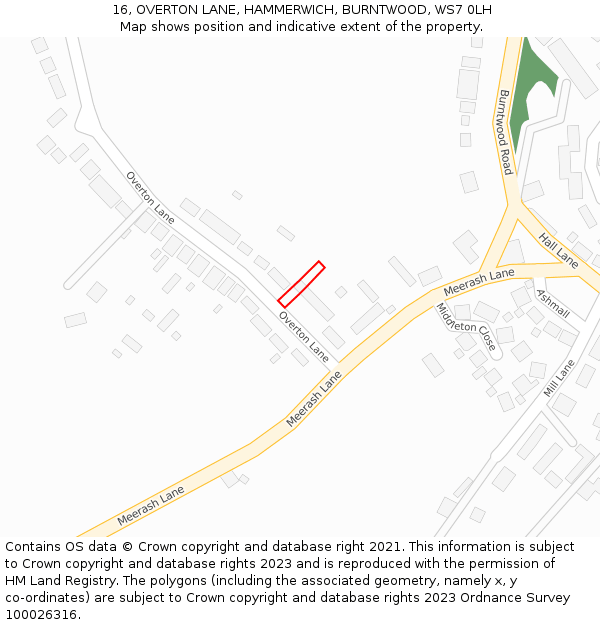 16, OVERTON LANE, HAMMERWICH, BURNTWOOD, WS7 0LH: Location map and indicative extent of plot