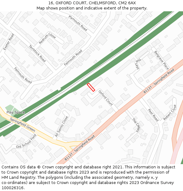 16, OXFORD COURT, CHELMSFORD, CM2 6AX: Location map and indicative extent of plot