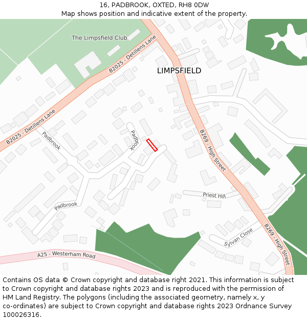 16, PADBROOK, OXTED, RH8 0DW: Location map and indicative extent of plot