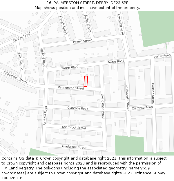 16, PALMERSTON STREET, DERBY, DE23 6PE: Location map and indicative extent of plot