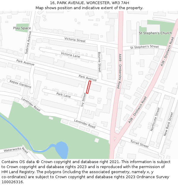 16, PARK AVENUE, WORCESTER, WR3 7AH: Location map and indicative extent of plot