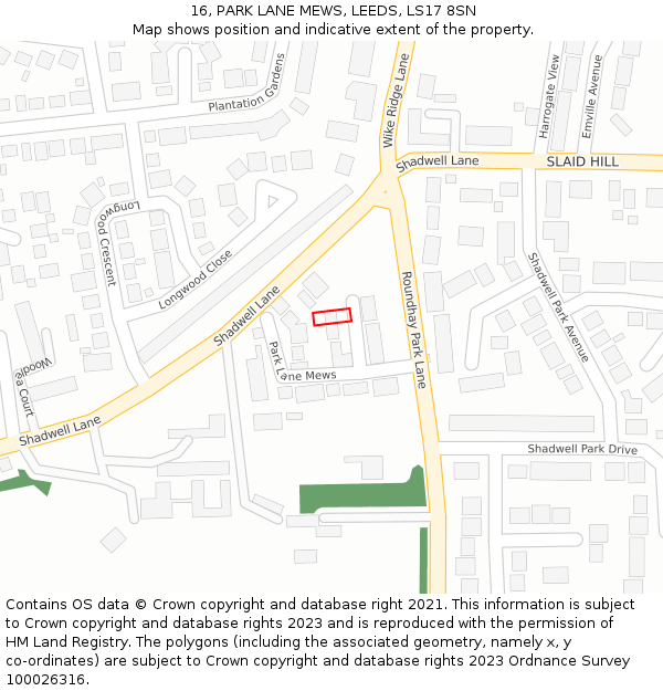 16, PARK LANE MEWS, LEEDS, LS17 8SN: Location map and indicative extent of plot