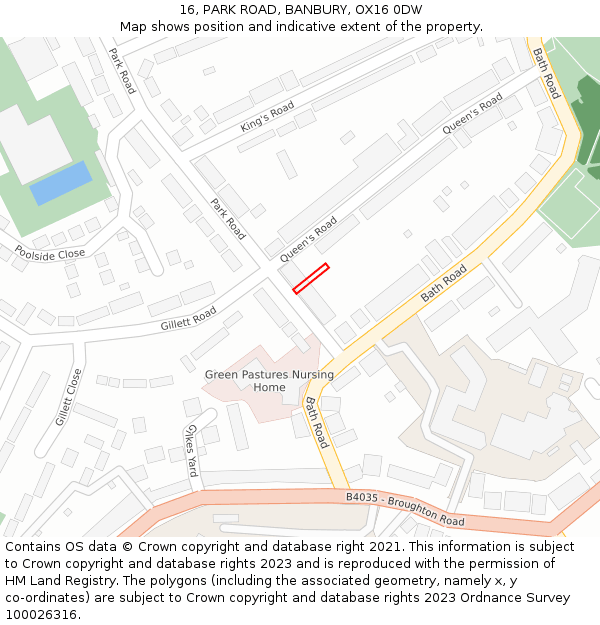 16, PARK ROAD, BANBURY, OX16 0DW: Location map and indicative extent of plot