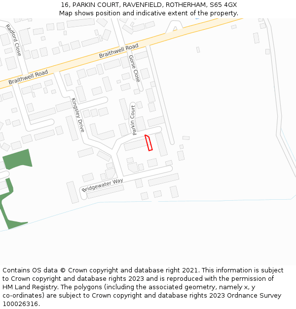 16, PARKIN COURT, RAVENFIELD, ROTHERHAM, S65 4GX: Location map and indicative extent of plot