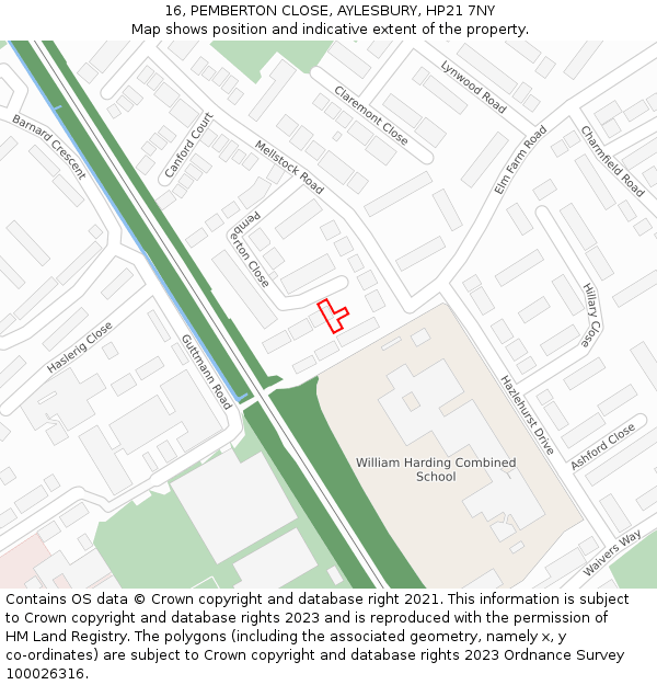 16, PEMBERTON CLOSE, AYLESBURY, HP21 7NY: Location map and indicative extent of plot