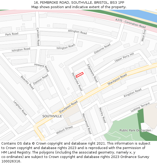 16, PEMBROKE ROAD, SOUTHVILLE, BRISTOL, BS3 1PP: Location map and indicative extent of plot