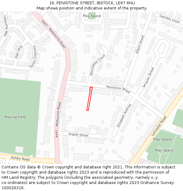 16, PENISTONE STREET, IBSTOCK, LE67 6NU: Location map and indicative extent of plot
