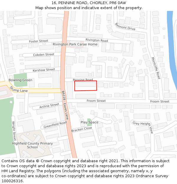 16, PENNINE ROAD, CHORLEY, PR6 0AW: Location map and indicative extent of plot