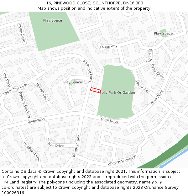 16, PINEWOOD CLOSE, SCUNTHORPE, DN16 3FB: Location map and indicative extent of plot