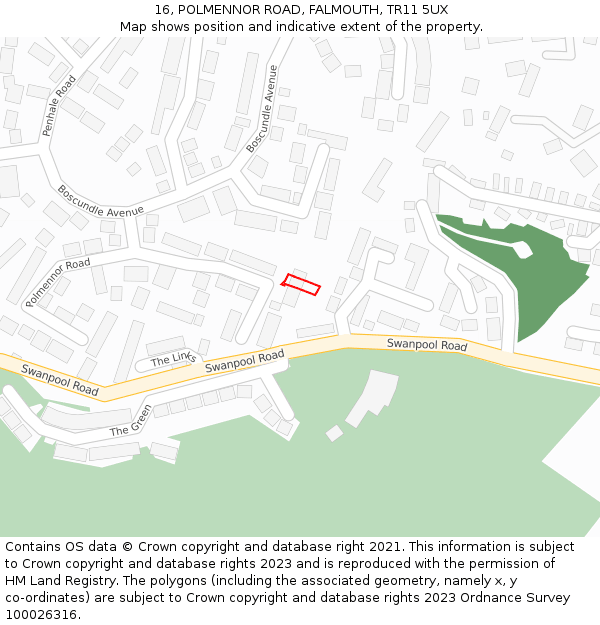 16, POLMENNOR ROAD, FALMOUTH, TR11 5UX: Location map and indicative extent of plot