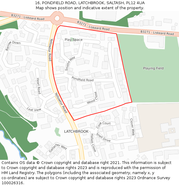16, PONDFIELD ROAD, LATCHBROOK, SALTASH, PL12 4UA: Location map and indicative extent of plot