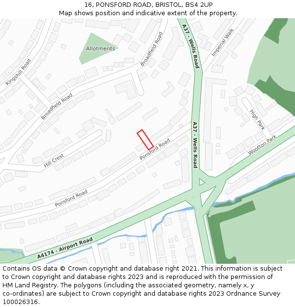 16, PONSFORD ROAD, BRISTOL, BS4 2UP: Location map and indicative extent of plot