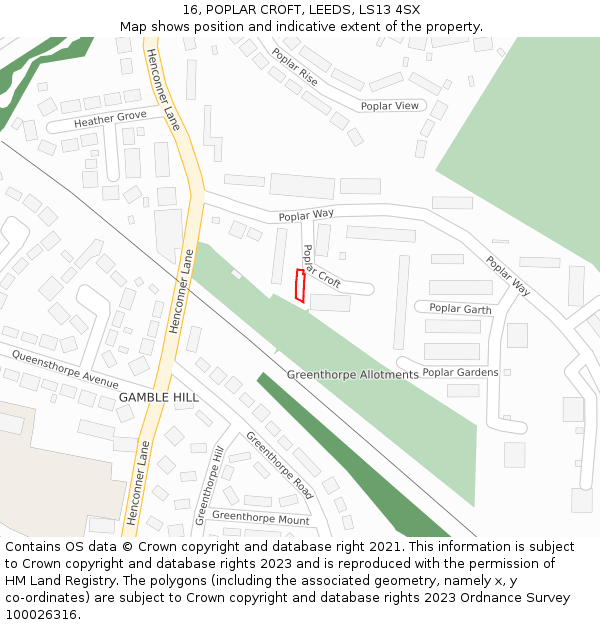 16, POPLAR CROFT, LEEDS, LS13 4SX: Location map and indicative extent of plot
