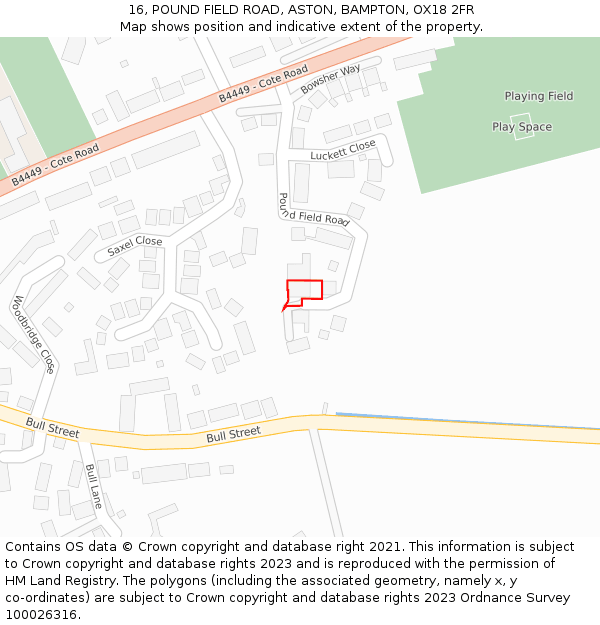 16, POUND FIELD ROAD, ASTON, BAMPTON, OX18 2FR: Location map and indicative extent of plot