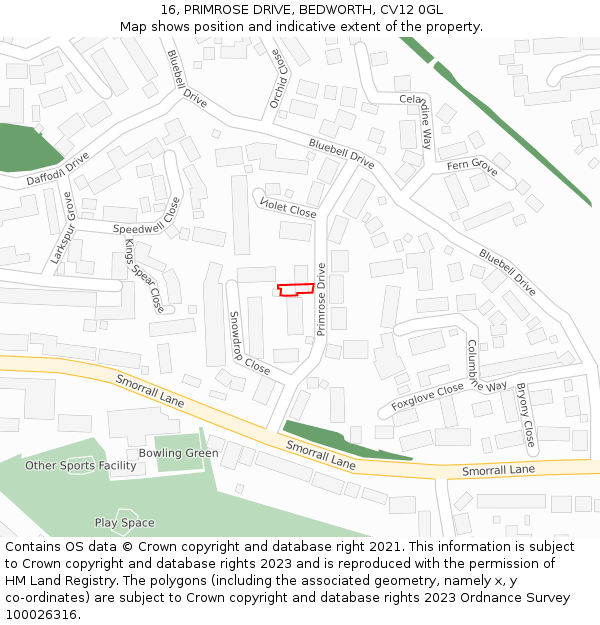 16, PRIMROSE DRIVE, BEDWORTH, CV12 0GL: Location map and indicative extent of plot