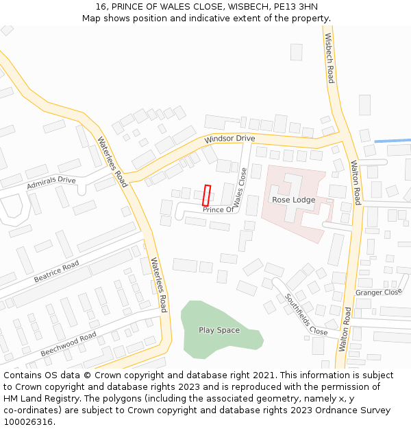 16, PRINCE OF WALES CLOSE, WISBECH, PE13 3HN: Location map and indicative extent of plot