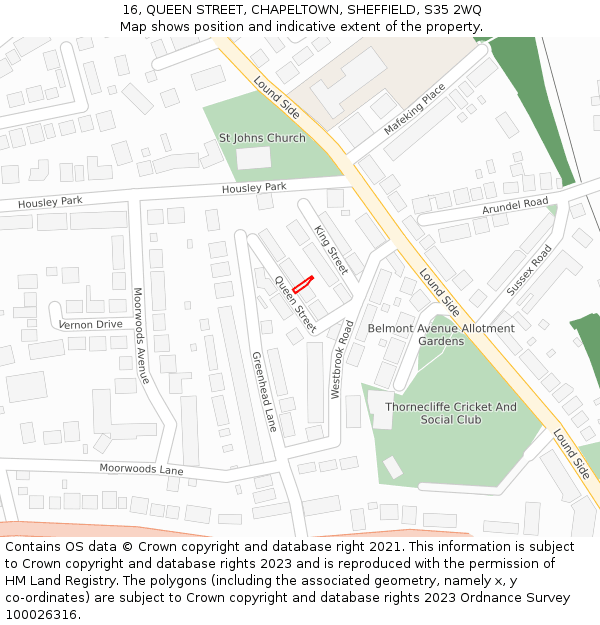 16, QUEEN STREET, CHAPELTOWN, SHEFFIELD, S35 2WQ: Location map and indicative extent of plot
