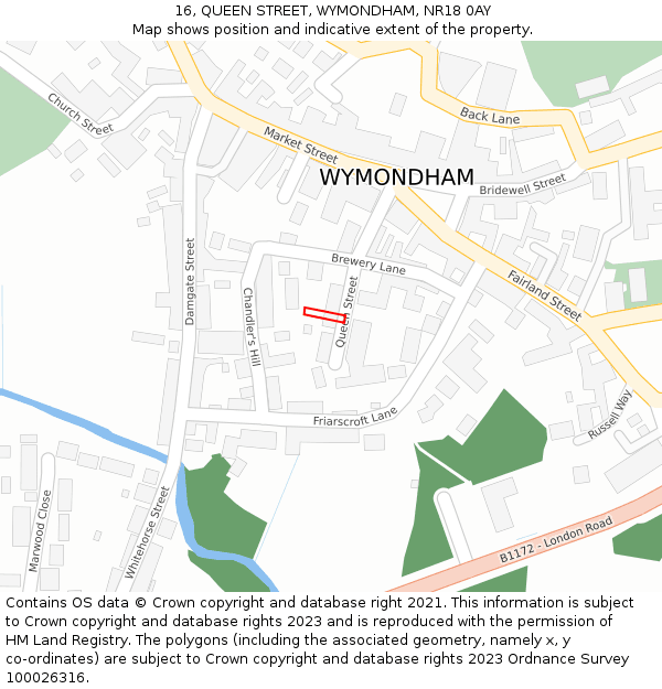 16, QUEEN STREET, WYMONDHAM, NR18 0AY: Location map and indicative extent of plot