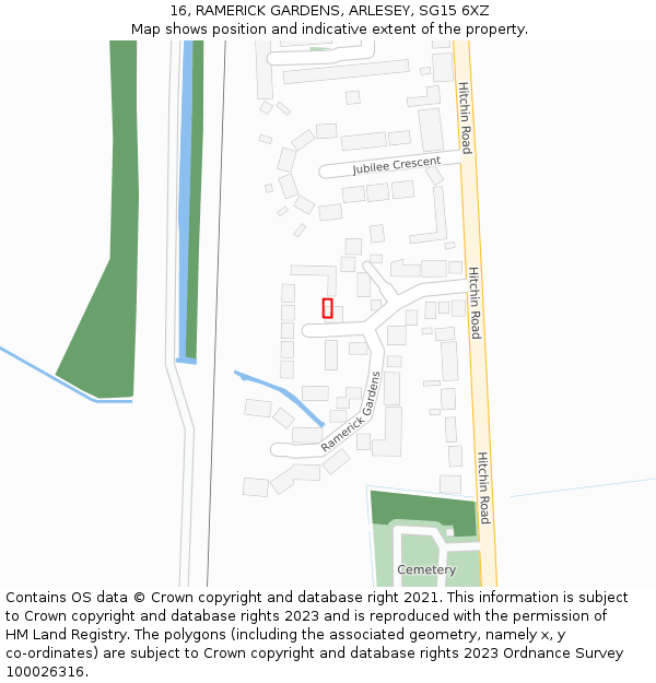 16, RAMERICK GARDENS, ARLESEY, SG15 6XZ: Location map and indicative extent of plot